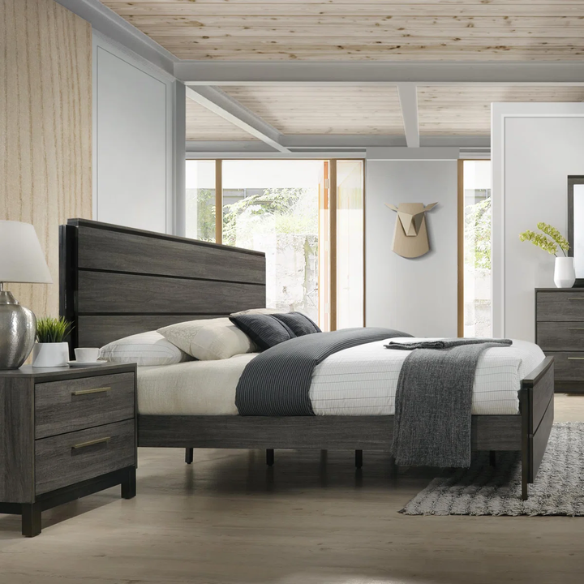 Contemporary 5-Piece Queen Bedroom Set with Solid Black and Weathered Gray Finish – Includes Bed, Dresser, Mirror, and Nightstands