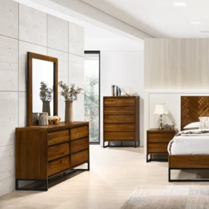 Industrial Mid-Century Modern Platform Bedroom Set with Herringbone Design Headboard – Stylish and Versatile