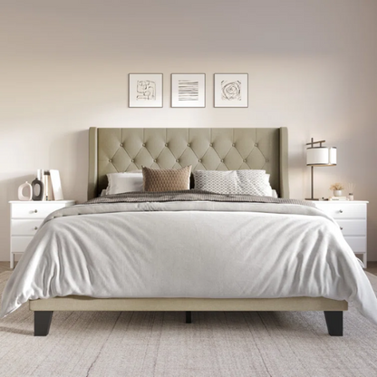 Elegant King Size Upholstered Wingback Bed with Button-Tufted Headboard – Foam-Padded for Ultimate Comfort and Support