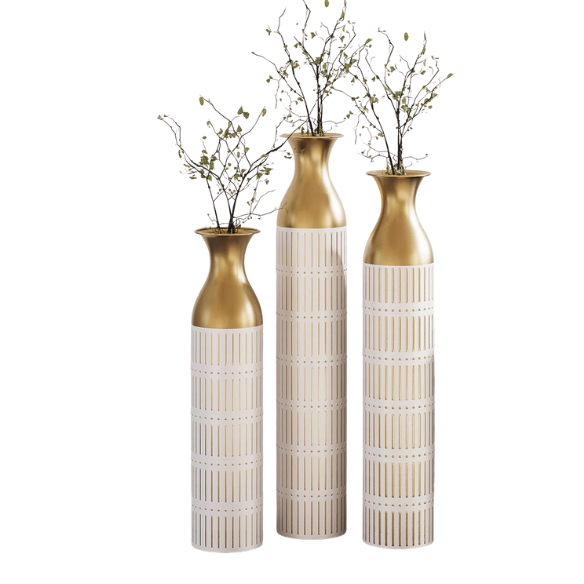 Elegant White and Gold Floor Vase Set (3-Piece) – Large Metal Vases with Embossed Stripe Pattern and Antique White Finish, Timeless Décor for Any Space