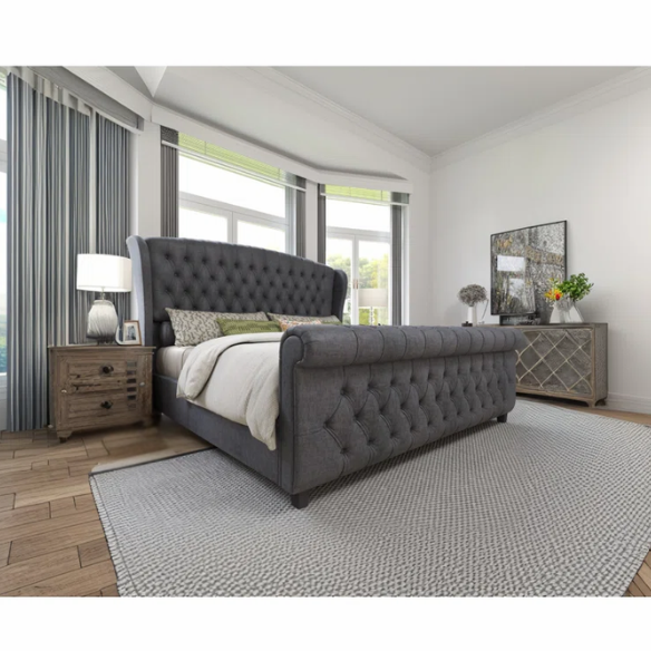 Luxurious Queen Size Upholstered Sleigh Bed with Button Tufting and Rich Chenille Fabric