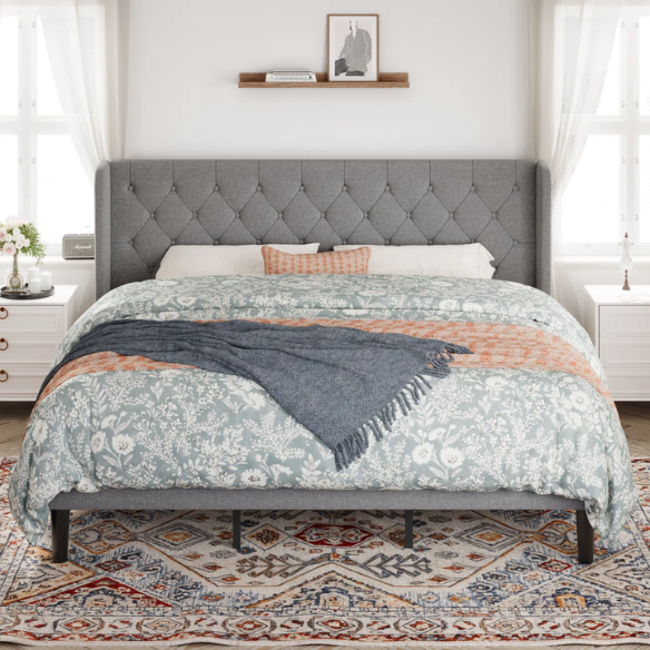 Luxurious King Size Upholstered Wingback Platform Bed with Button-Tufted Linen Fabric – Sturdy Wood Frame, High-Density Foam, and Ample Under-Bed Storage for a Stylish, Safe, and Comfortable Bedroom