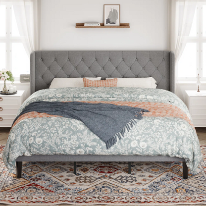 Luxurious King Size Upholstered Wingback Platform Bed with Button-Tufted Linen Fabric – Sturdy Wood Frame, High-Density Foam, and Ample Under-Bed Storage for a Stylish, Safe, and Comfortable Bedroom