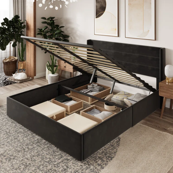 Luxurious Velvet Upholstered Hydraulic Lift-Up Storage Platform Bed – Full/Double Size with Sleek Design & Maximized Space