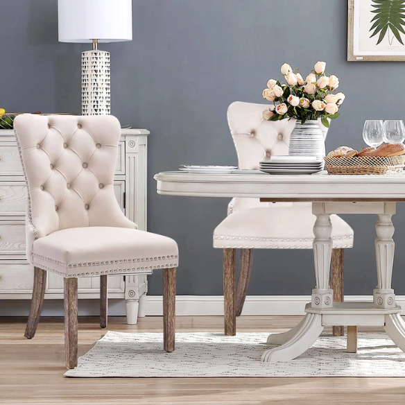 Upholstered Tufted Dining Chairs with Curved Back & Nailhead Detail – Set of 2