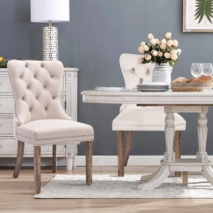 Upholstered Tufted Dining Chairs with Curved Back & Nailhead Detail – Set of 2