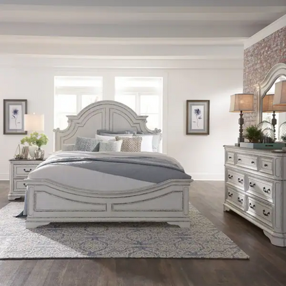 Upholstered Bed, Dresser, Mirror, and Nightstand Set in Antique White – Timeless Elegance, Refined Craftsmanship, and Distinctive Style