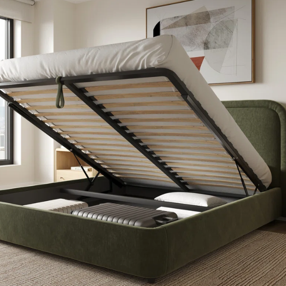 Premium Upholstered Aurora Lift-Up Storage Bed with Elegant Boucle Performance Fabric, Plush Foam-Padded Headboard, and Spacious Under-Bed Storage for a Clutter-Free Bedroom