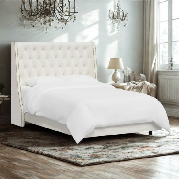Chic Upholstered Wingback King Size Bed with Button Tufting and Nailhead Trim
