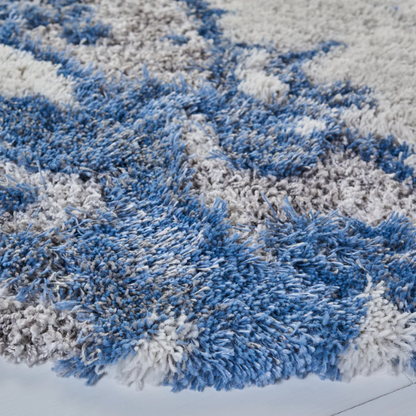 Plush Abstract Blue, Grey, and White Pattern Shag Rug