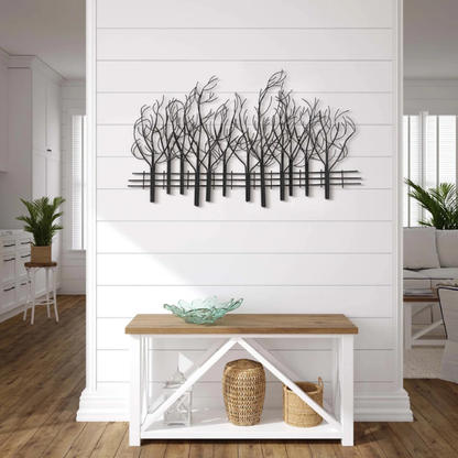 Metal Field of Twelve Trees Wall Décor – Handcrafted Iron Sculpture with Nature-Inspired Design and Snow Accent