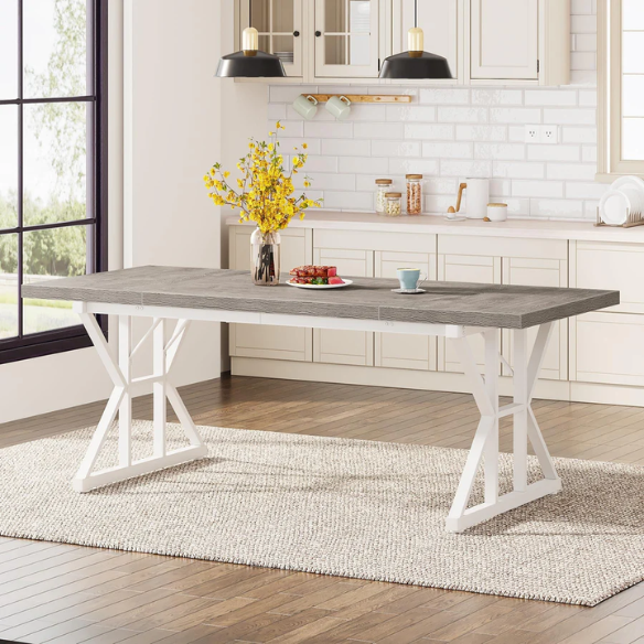 Farmhouse Dining Table for 6-8 People – Rectangular Wood Kitchen Table with X-Shaped Accents, Spacious & Multifunctional for Dining, Office, or Gathering