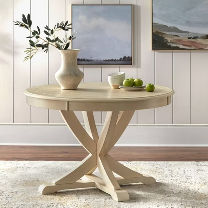 Charming Country-Style Dining Set with Rustic Appeal – Round Table & Geometric Back Chairs
