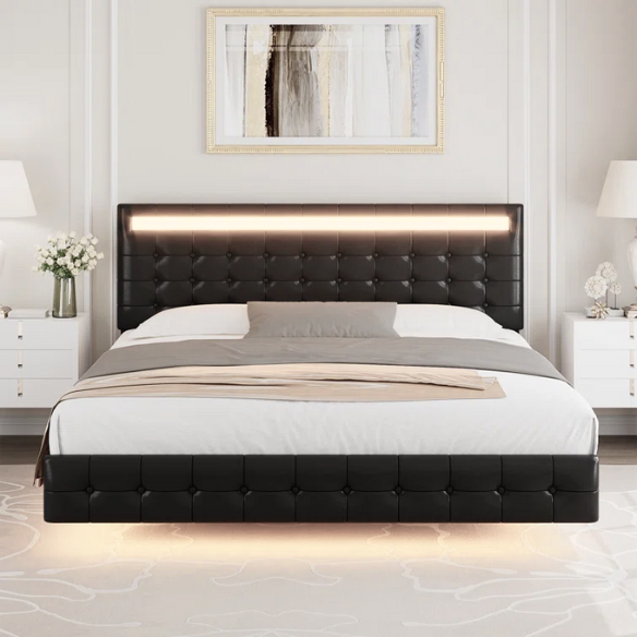 Queen Size LED Lit Platform Bed with Tufted Headboard – Modern and Stylish Design