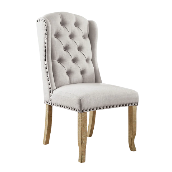 Neutral Ivory Wingback Dining Chairs – Set of 2, Tufted Back & Rustic Pine Legs