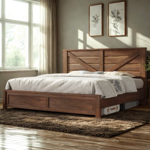 Farmhouse Classic Bed Frame with 49.2" Barn Door-Inspired Headboard, Ample Under-Bed Storage, Sturdy Metal Frame, and Silent Cotton Padding for Peaceful Sleep