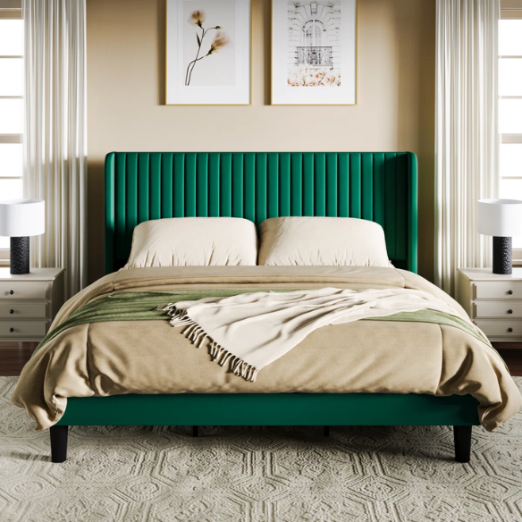 Luxurious King Size Upholstered Velvet Platform Bed with Modern Wingback Headboard – Heavy-Duty Steel Frame, No Box Spring Needed, and Ample Under-Bed Storage