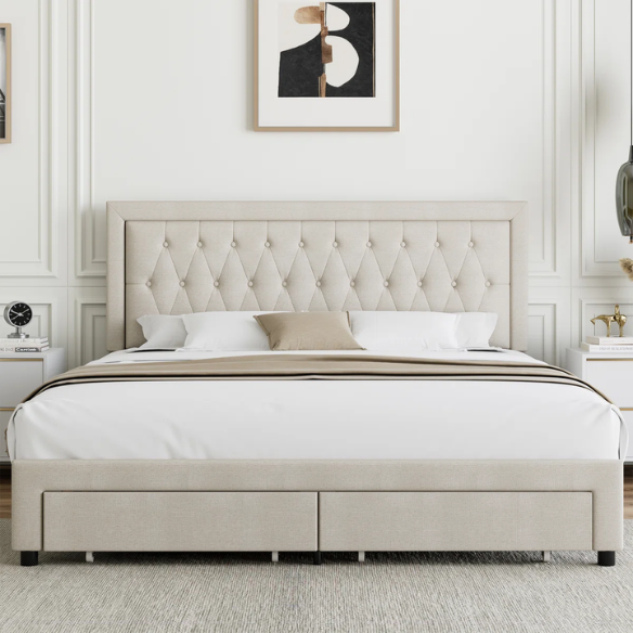 Luxurious King Size Velvet Tufted Upholstered Bed Frame with Adjustable Headboard, Button Tufting, and Nailhead Trim – No Box Spring Needed for Superior Support and Comfort