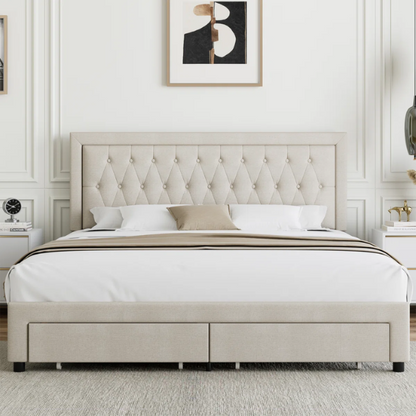 Luxurious King Size Velvet Tufted Upholstered Bed Frame with Adjustable Headboard, Button Tufting, and Nailhead Trim – No Box Spring Needed for Superior Support and Comfort