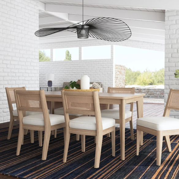 7-Piece Brown Wood Rectangle Dining Set – Mid-Century Boho Style with Sustainable Oak & Cane Details