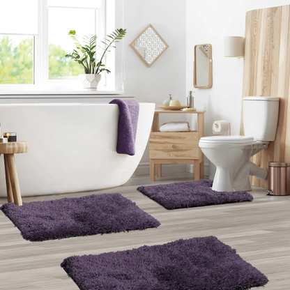 Dark Purple Shaggy Bath Rug Set – Ultra-Soft Microfiber Non-Slip Bathroom Mat with Rubber Backing (2 or 3-Piece Set)