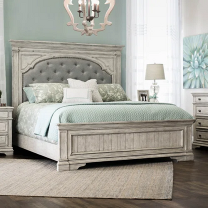 3-Piece Rustic Upholstered Panel Queen Bedroom Set in Driftwood Grey or Rustic Ivory – Includes Nightstand, Double Dresser with Mirror, and Button-Tufted Bed with Nailhead Trim