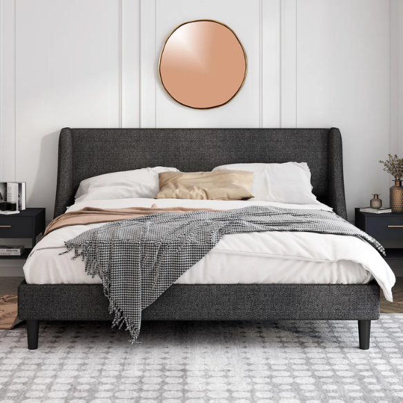 Luxurious King Size Upholstered Platform Bed with Deluxe Wingback Headboard – Soft Velvet and Linen Blend Upholstery, Sturdy Solid Wood Frame, and Modern Minimalist Design for Ultimate Comfort
