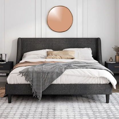 Luxurious King Size Upholstered Platform Bed with Deluxe Wingback Headboard – Soft Velvet and Linen Blend Upholstery, Sturdy Solid Wood Frame, and Modern Minimalist Design for Ultimate Comfort