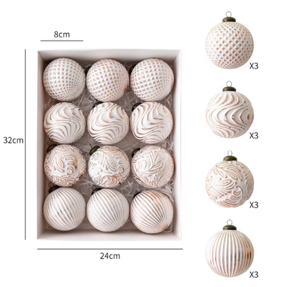 White & Champagne Gold Embossed Christmas Ornaments – Elegant Textured Bauble Set (12 Pieces)