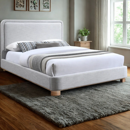 Luxurious Linen Textured Fabric King Size Upholstered Panel Bed with Solid Wood Base
