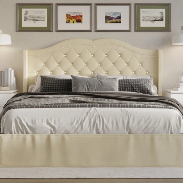 Luxurious King Size Upholstered Wingback Platform Bed with Velvet Fabric, Foam-Padded Camelback Headboard, Diamond Tufting, Nailhead Trim, and Included Bed Skirt for Hidden Storage