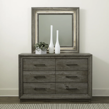 Contemporary Queen Bedroom Set with Brushed Nickel Storage Bed, LED-Illuminated Headboard, Dresser, Mirror, and Nightstand with Charging Station