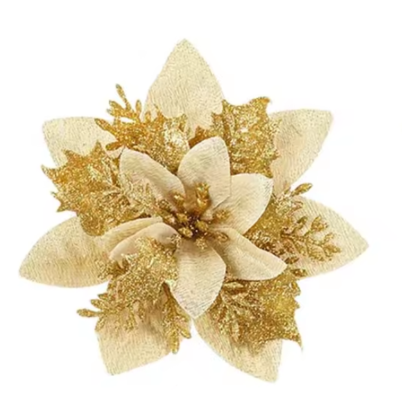 Gold Glitter Poinsettia Christmas Flowers – Elegant Artificial Holiday Décor (5 Pieces)