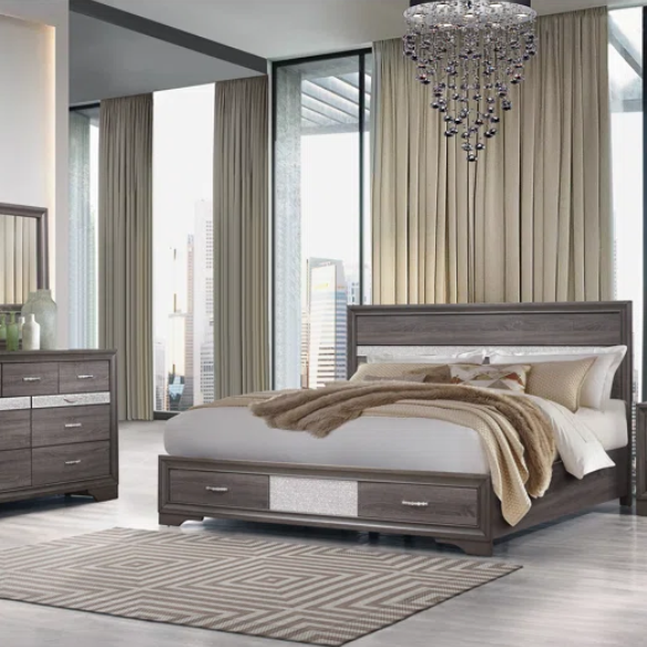 Visually Stunning Panel Configurable Bedroom Set – Clean Modern Design with Timeless Gray Finish, Melamine Detailing, Panel Headboard, and Spacious Footboard Drawers – Perfect for Creating a Serene and Stylish Bedroom Retreat