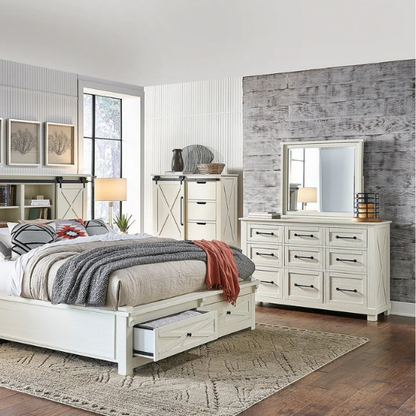 Solid Wood 5-Piece Storage Bedroom Collection – Rustic Elegance with Ample Storage, New Zealand Pine Construction, and Distressed White & Graphite Finish