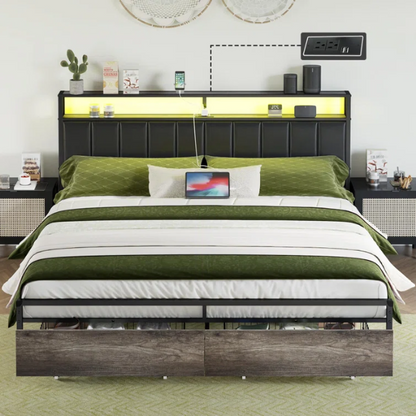 Modern LED King Size Bed Frame with Storage Drawers and Built-in Charging Station