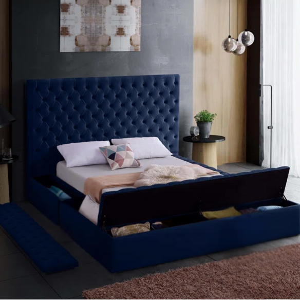 Elegant Velvet Upholstered King Size Platform Storage Bed with Tufted Headboard and Slats