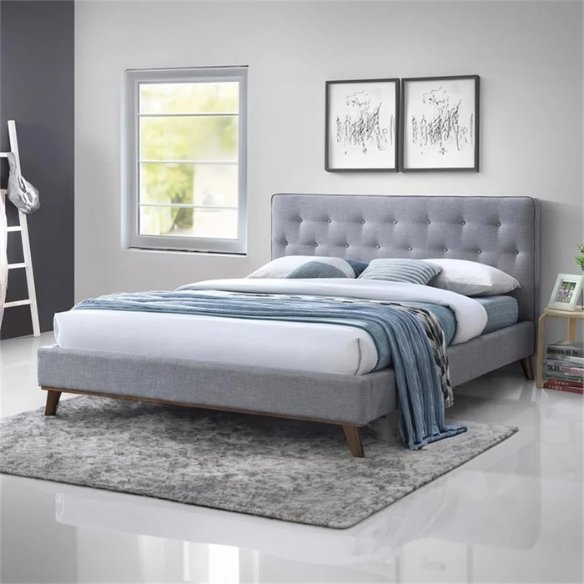 Modern Upholstered Platform Bed with Button Tufting and Eucalyptus Wood Frame – King Size