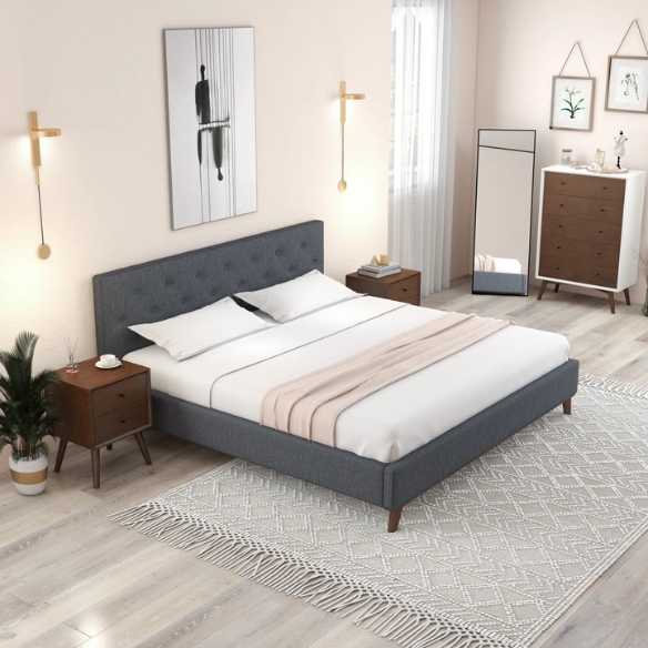 Modern Upholstered Platform Bed with Button Tufting and Eucalyptus Wood Frame – King Size