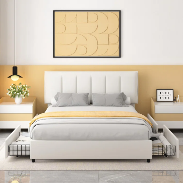 Velvet Upholstered Queen Size Platform Bed with Adjustable Headboard and 4 Storage Drawers