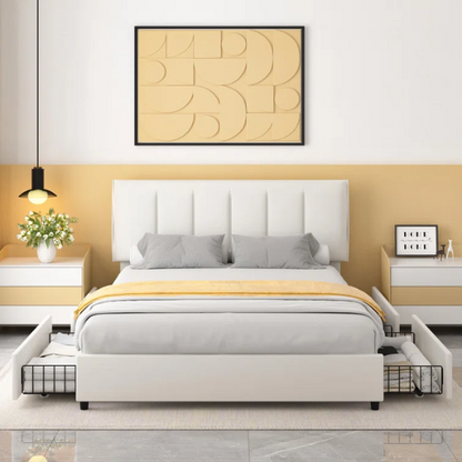 Velvet Upholstered Queen Size Platform Bed with Adjustable Headboard and 4 Storage Drawers