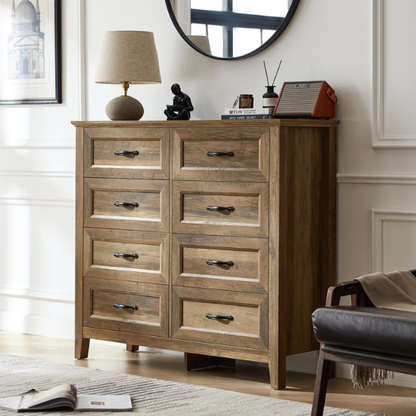 French Country-Inspired 8-Drawer 47.3" Double Dresser with Rustic Finish, Crown Molding, and Tapered Legs