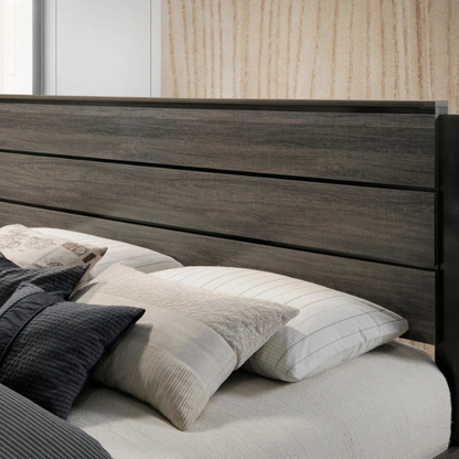 Contemporary 5-Piece Queen Bedroom Set with Solid Black and Weathered Gray Finish – Includes Bed, Dresser, Mirror, and Nightstands
