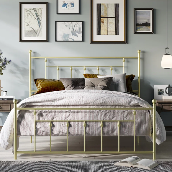 King Size Metal Open-Frame Platform Bed with Spindle Accents, Storage Footboard, and Slat Kit – No Box Spring Needed, Ideal for Farmhouse to French Country Styles