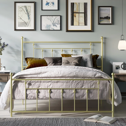 King Size Metal Open-Frame Platform Bed with Spindle Accents, Storage Footboard, and Slat Kit – No Box Spring Needed, Ideal for Farmhouse to French Country Styles