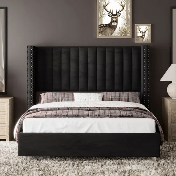 Velvet Upholstered Queen Size Platform Bed with Tufted Button Detail on Headboard