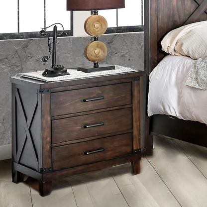 Rustic Dark Walnut 2-Piece King Size Panel Bed and Nightstand Set with X-Shape Accents and Metal Corners