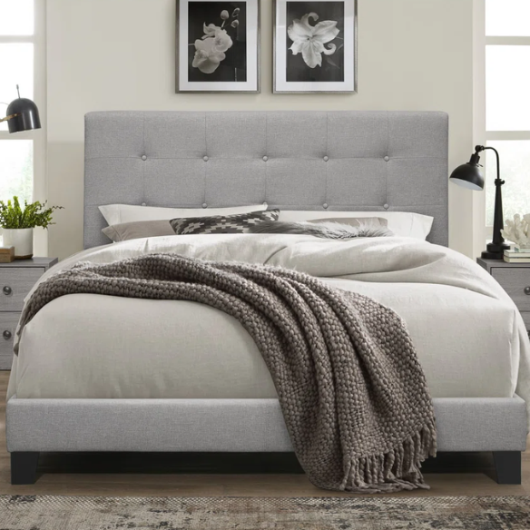 Elegant Solid Grey Queen Bedroom Set with Button-Tufted Upholstered Bed and Matching Nightstands – 3-Piece Set