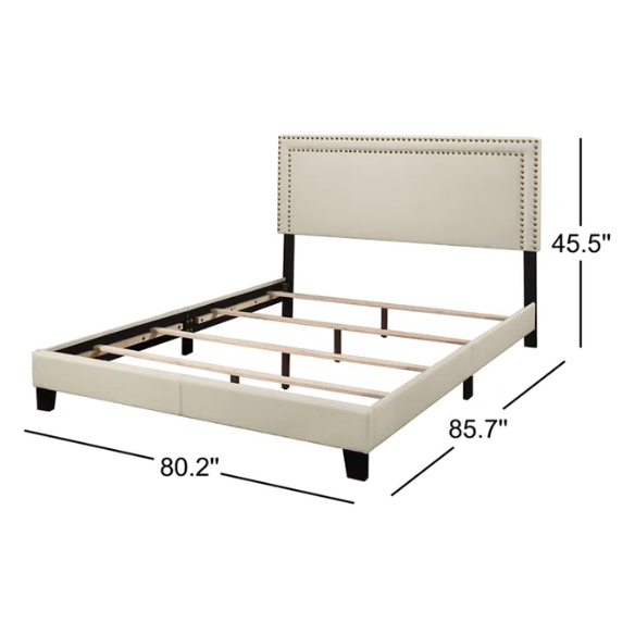 King Size Upholstered Storage Bed with Beige Linen Upholstery, Nailhead Trim, and Adjustable Bed Base Compatibility – Classic Design with Wooden Slats for Extra Support