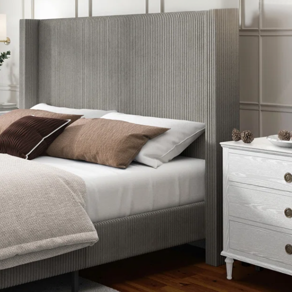 Modern King Size Corduroy Upholstered Bed with Wingback Design – Solid Wood and Metal Frame with Tapered Legs and Extra Cushioned Comfort